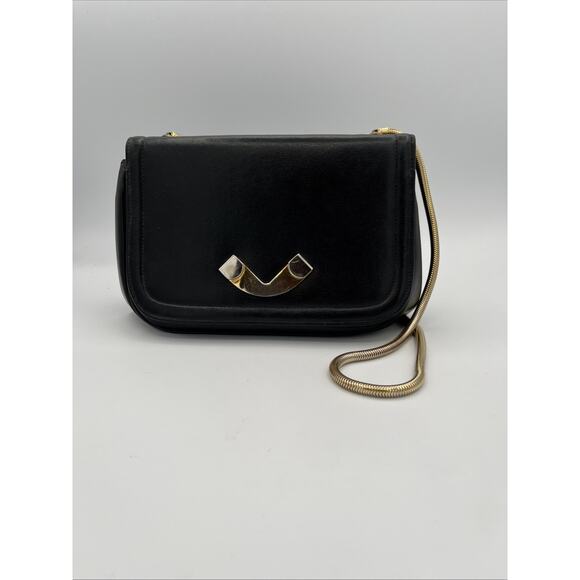 RARE Miss Lewis VINTAGE Over Shoulder Purse Black Art Deco Leather Gold Silver - Picture 1 of 10